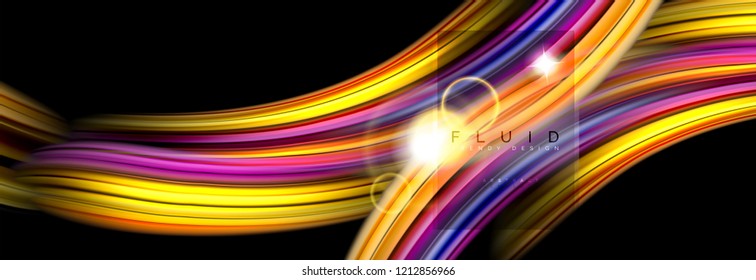 Background abstract design, flowing mixing liquid color waves on black, vector illustration