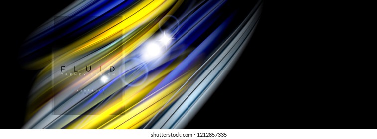 Background abstract design, flowing mixing liquid color waves on black, vector illustration