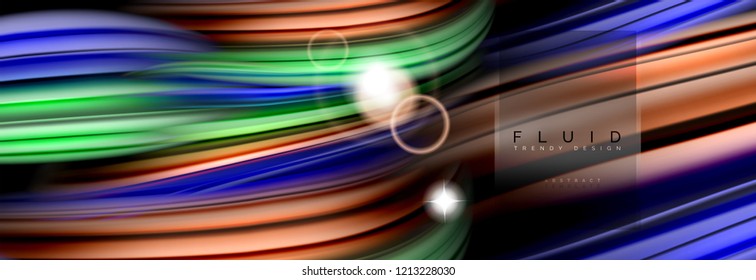 Background abstract design, flowing mixing liquid color waves on black, vector illustration