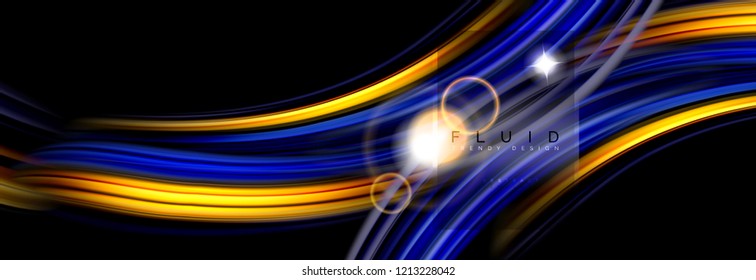 Abstraktes Hintergrunddesign, fließendes Mischen flüssiger Farbwellen auf Schwarz, Vektorgrafik