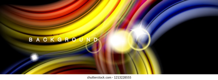 Background abstract design, flowing mixing liquid color waves on black, vector illustration