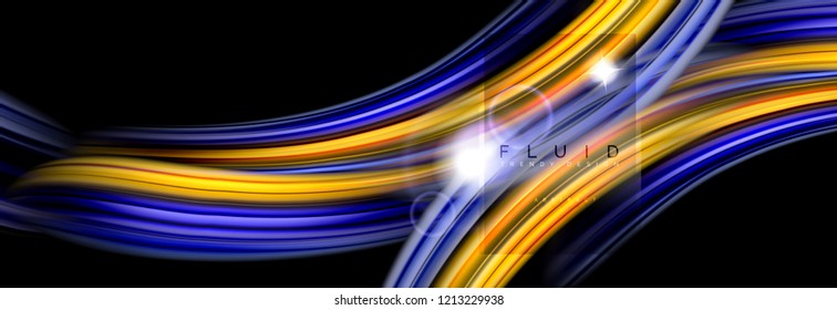 Background abstract design, flowing mixing liquid color waves on black, vector illustration