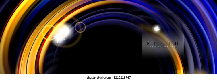 Background abstract design, flowing mixing liquid color waves on black, vector illustration