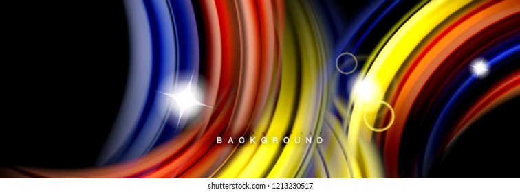 Background abstract design, flowing mixing liquid color waves on black, vector illustration