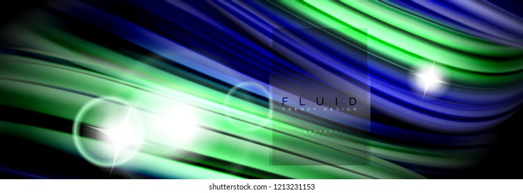 Abstraktes Hintergrunddesign, fließendes Mischen flüssiger Farbwellen auf Schwarz, Vektorgrafik