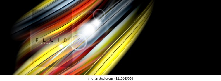 Background abstract design, flowing mixing liquid color waves on black, vector illustration