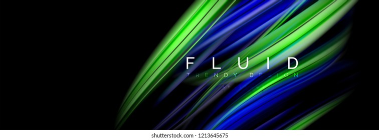 Background abstract design, flowing mixing liquid color waves on black, vector illustration