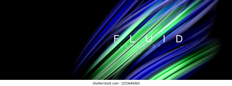 Abstraktes Hintergrunddesign, fließendes Mischen flüssiger Farbwellen auf Schwarz, Vektorgrafik
