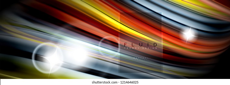 Background abstract design, flowing mixing liquid color waves on black, vector illustration