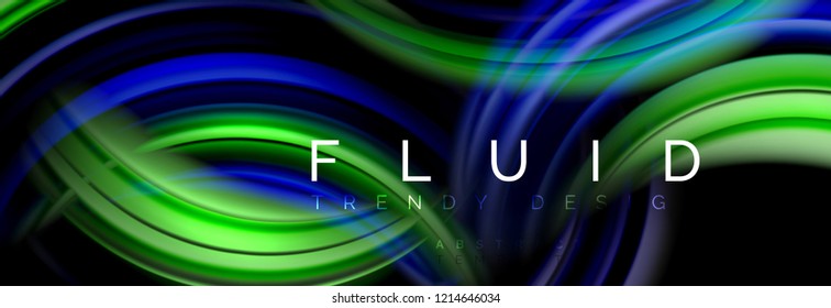 Abstraktes Hintergrunddesign, fließendes Mischen flüssiger Farbwellen auf Schwarz, Vektorgrafik