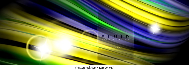 Abstraktes Hintergrunddesign, fließendes Mischen flüssiger Farbwellen auf Schwarz, Vektorgrafik