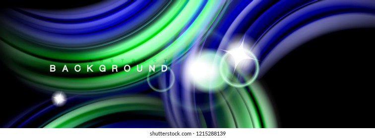 Abstraktes Hintergrunddesign, fließendes Mischen flüssiger Farbwellen auf Schwarz, Vektorgrafik