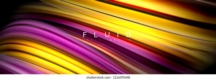Abstraktes Hintergrunddesign, fließendes Mischen flüssiger Farbwellen auf Schwarz, Vektorgrafik