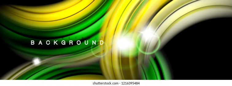 Background abstract design, flowing mixing liquid color waves on black, vector illustration