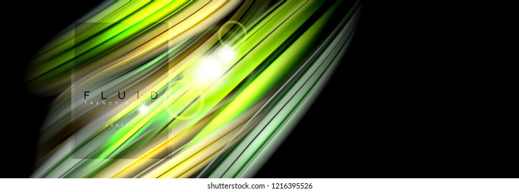 Abstraktes Hintergrunddesign, fließendes Mischen flüssiger Farbwellen auf Schwarz, Vektorgrafik