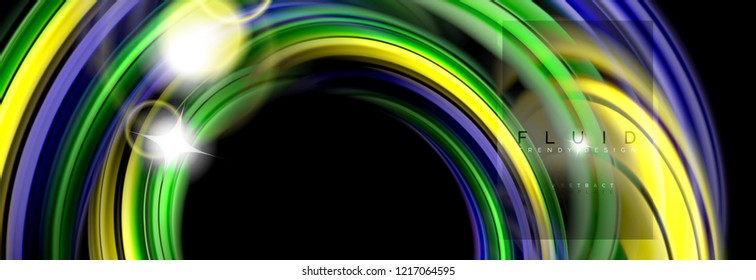 Background abstract design, flowing mixing liquid color waves on black, vector illustration