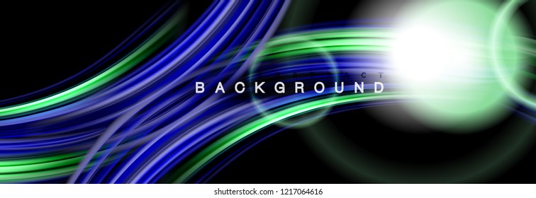 Abstraktes Hintergrunddesign, fließendes Mischen flüssiger Farbwellen auf Schwarz, Vektorgrafik