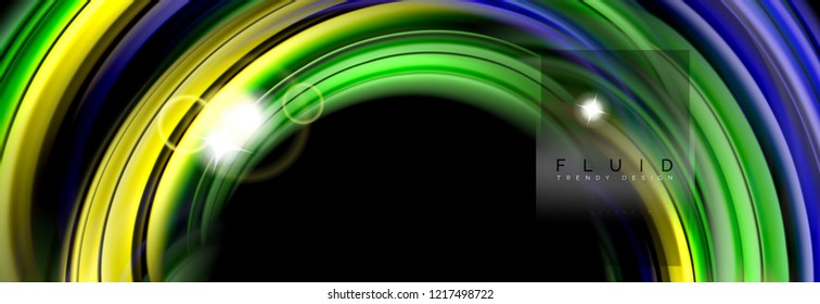 Background abstract design, flowing mixing liquid color waves on black, vector illustration