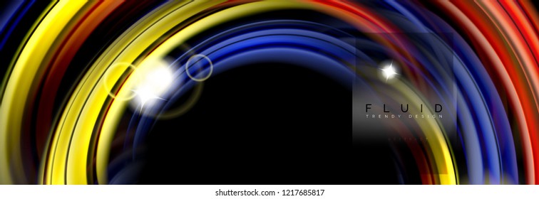 Background abstract design, flowing mixing liquid color waves on black, vector illustration