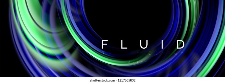 Abstraktes Hintergrunddesign, fließendes Mischen flüssiger Farbwellen auf Schwarz, Vektorgrafik