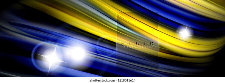 Background abstract design, flowing mixing liquid color waves on black, vector illustration
