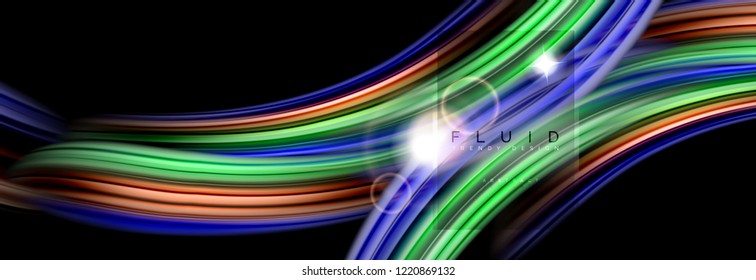 Abstraktes Hintergrunddesign, fließendes Mischen flüssiger Farbwellen auf Schwarz, Vektorgrafik