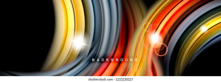 Background abstract design, flowing mixing liquid color waves on black, vector illustration