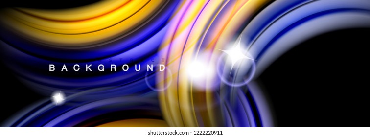 Background abstract design, flowing mixing liquid color waves on black, vector illustration