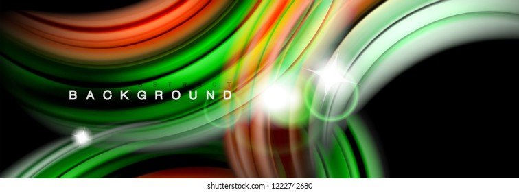 Background abstract design, flowing mixing liquid color waves on black, vector illustration