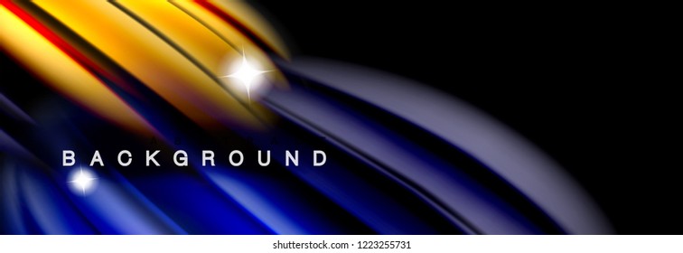 Background abstract design, flowing mixing liquid color waves on black, vector illustration