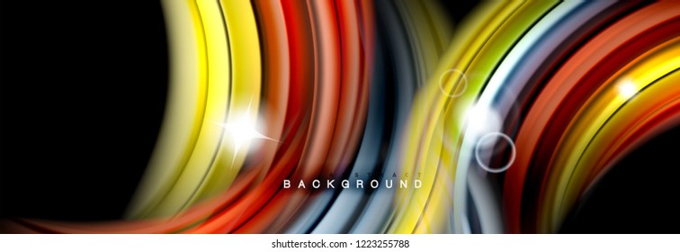 Background abstract design, flowing mixing liquid color waves on black, vector illustration
