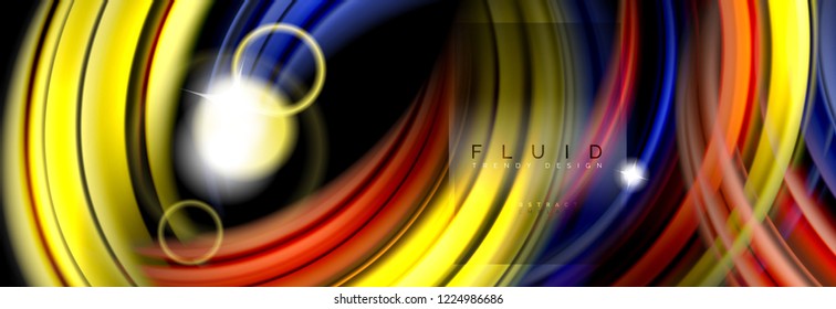 Background abstract design, flowing mixing liquid color waves on black, vector illustration