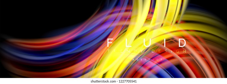 Abstraktes Hintergrunddesign, fließendes Mischen flüssiger Farbwellen auf Schwarz, Vektorgrafik