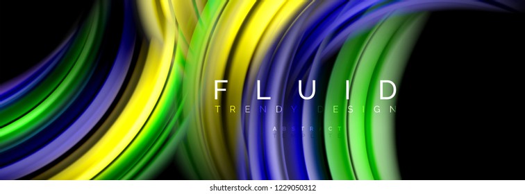 Background abstract design, flowing mixing liquid color waves on black, vector illustration