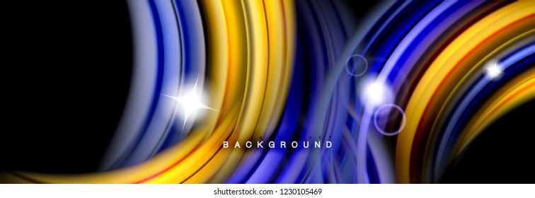 Background abstract design, flowing mixing liquid color waves on black, vector illustration