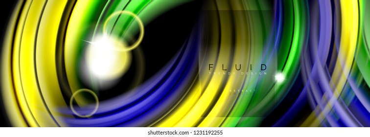 Background abstract design, flowing mixing liquid color waves on black, vector illustration