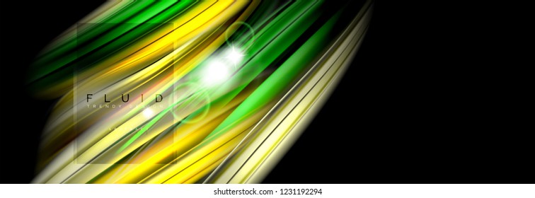 Background abstract design, flowing mixing liquid color waves on black, vector illustration