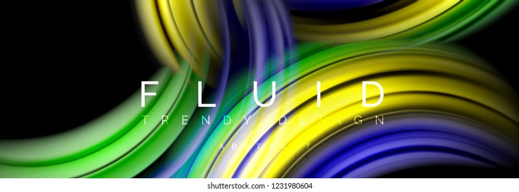 Background abstract design, flowing mixing liquid color waves on black, vector illustration