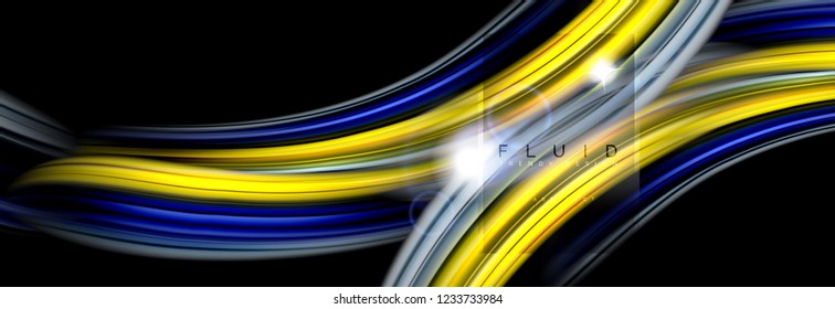 Background abstract design, flowing mixing liquid color waves on black, vector illustration
