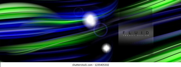 Background abstract design, flowing mixing liquid color waves on black, vector illustration