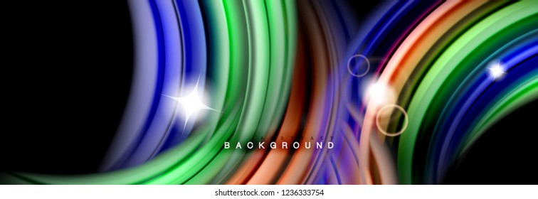 Background abstract design, flowing mixing liquid color waves on black, vector illustration