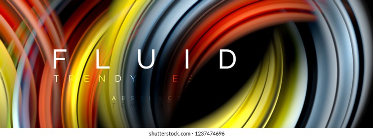 Background abstract design, flowing mixing liquid color waves on black, vector illustration