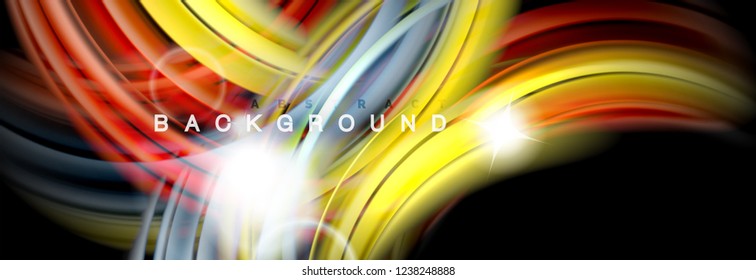 Background abstract design, flowing mixing liquid color waves on black, vector illustration
