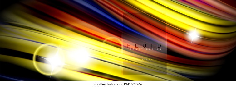 Background abstract design, flowing mixing liquid color waves on black, vector illustration