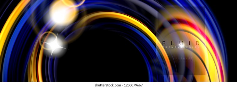 Background abstract design, flowing mixing liquid color waves on black, vector illustration
