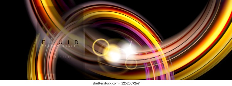 Background abstract design, flowing mixing liquid color waves on black, vector illustration