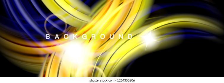 Background abstract design, flowing mixing liquid color waves on black, vector illustration
