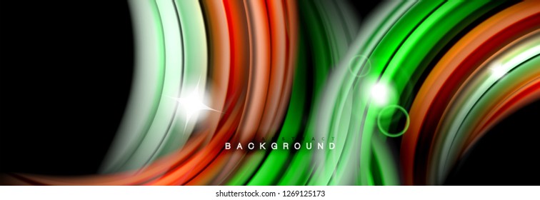 Background abstract design, flowing mixing liquid color waves on black, vector illustration