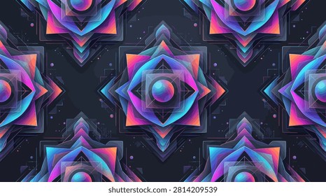 Background Abstract Dynamic Fluid Pack. Intricate geometric mandalas in a vibrant spectrum of purples, blues, and oranges form a captivating repeating pattern.  Subtle glowing particles speckle the deep, dark canvas, enhancing the cosmic, transcendental aura of this artwork.   