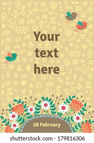 Background with abstract elements, flowers and birds. Place for text. Cute hand drawing. Spring theme background.